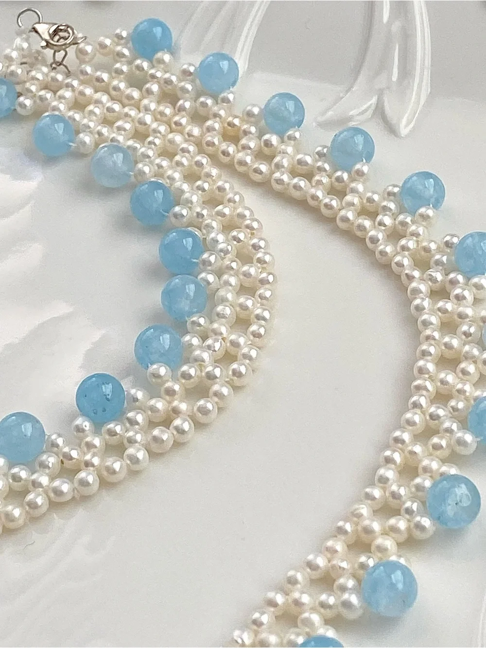 GP89-Hand Braided High Quality Baby Pear And Aquamarine Bow Necklace